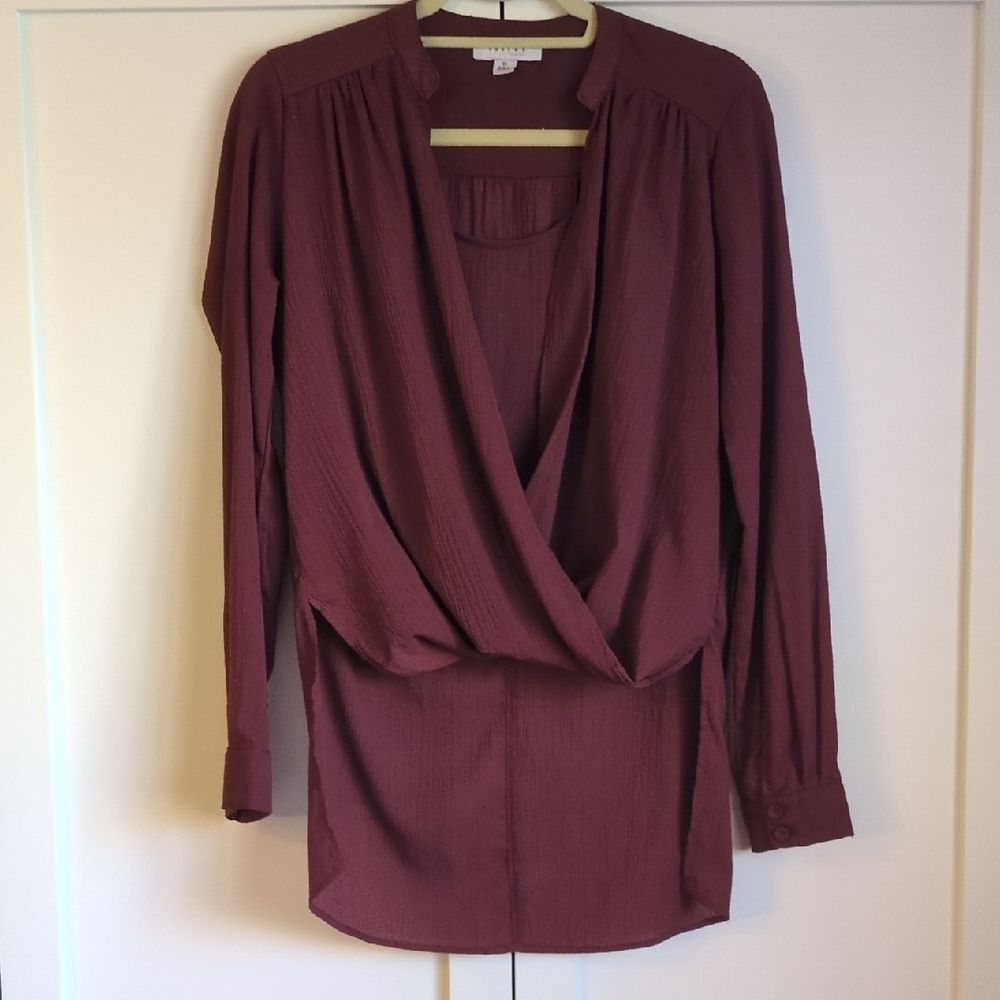 Favlux Maroon Drape Front Blouse Size Small High Low Boho Chic Top